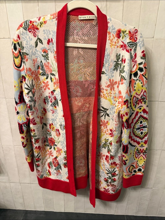 Alice + Olivia Sweaters - Alice + Olivia Multicolor Floral Open-Front Cardigan with Red Trim